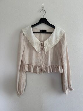 ZARA Pale Pink/Cream Crop Blouse with Lace Collar